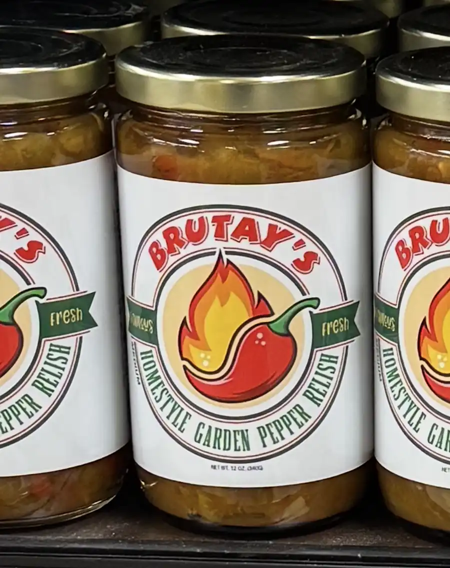 Brutay's Homestyle Garden Pepper Relish jars on shelf